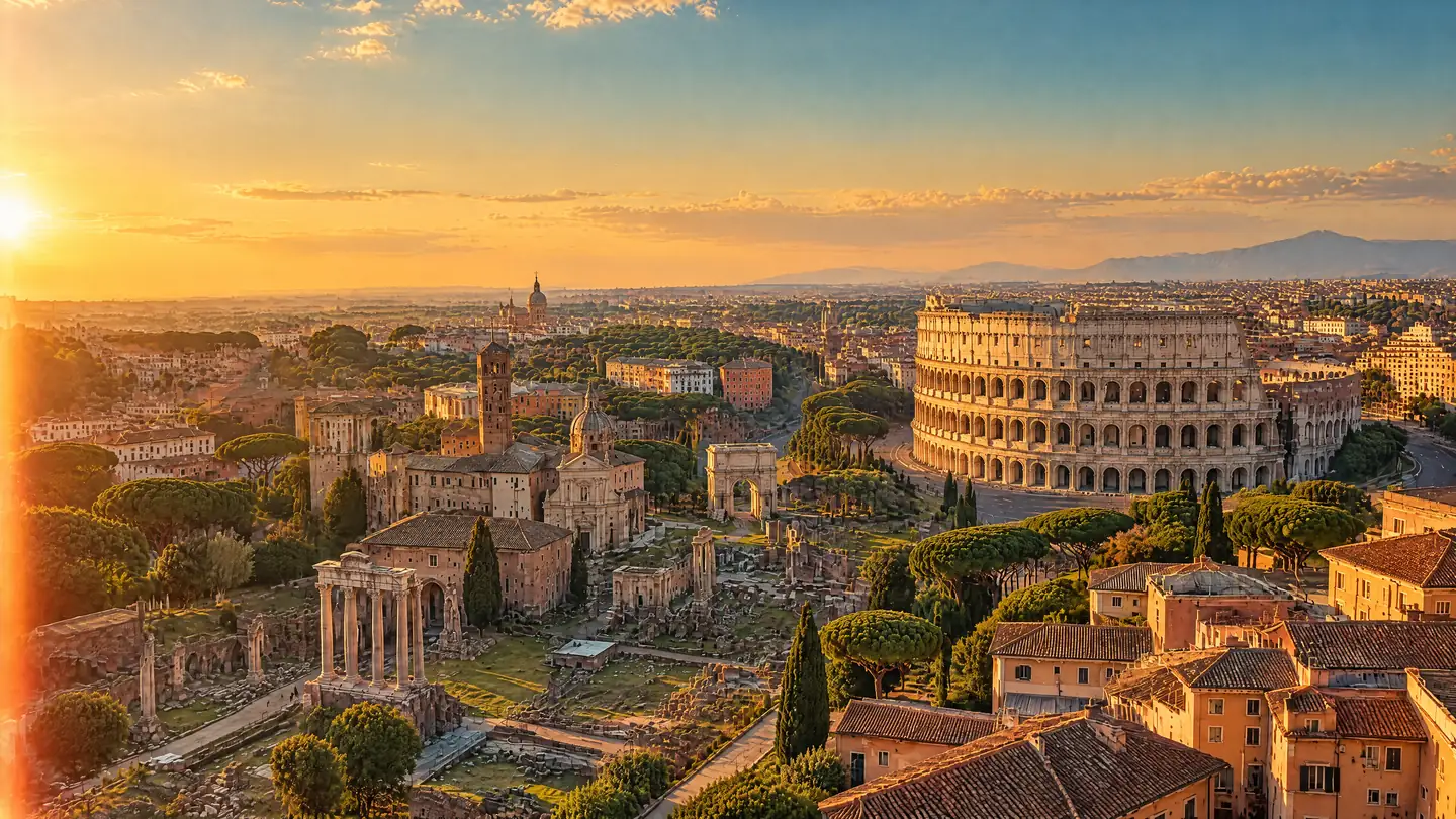 Rom bei Sonnenuntergang mit Kolosseum und Forum Romanum