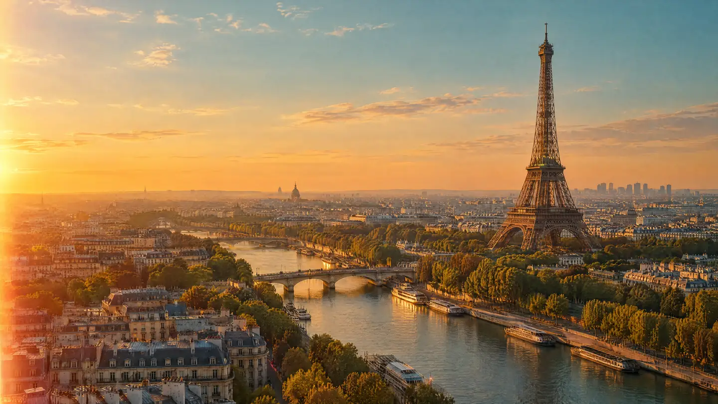 Luftaufnahme von Paris zur goldenen Stunde mit Eiffelturm und Seine