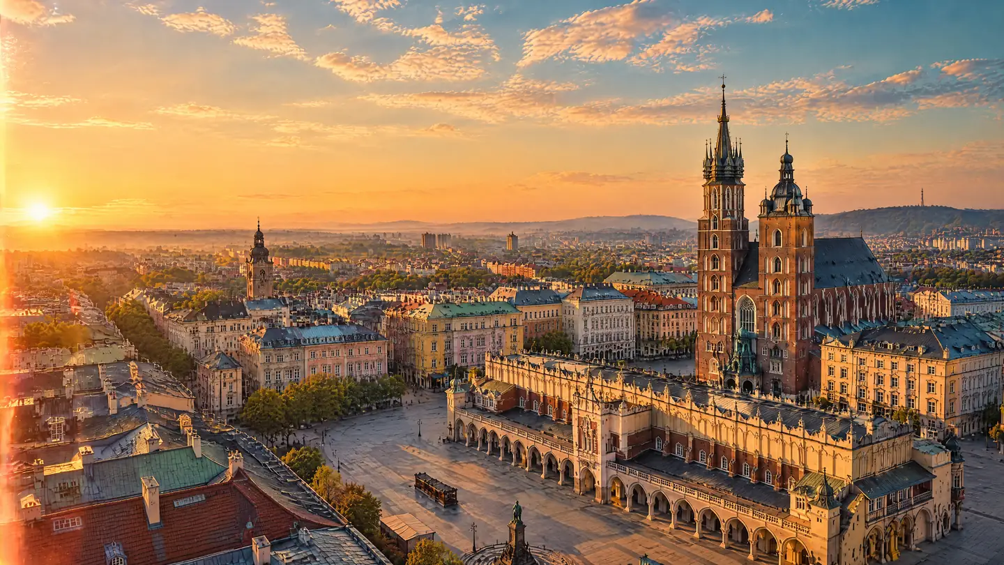 Marktplatz von Krakau mit Marienkirche und Tuchhallen
